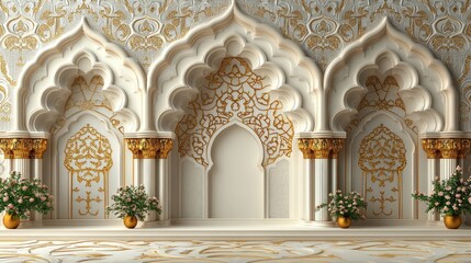 Elegant ornate archway with gold detailing and floral accents on marble floor.