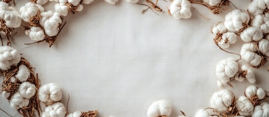 Fototapeta premium Organic cotton hemp and flax fabric with natural cotton blooms framing blank space for text or design applications