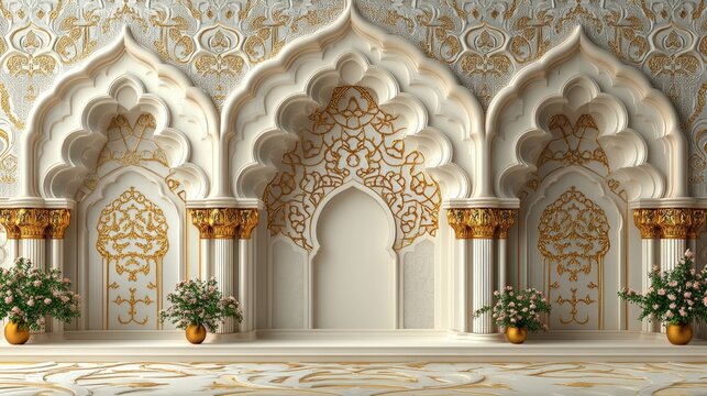 Fototapeta Elegant ornate archway with gold detailing and floral accents on marble floor.