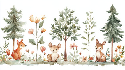 Watercolor illustration of playful animals in forest