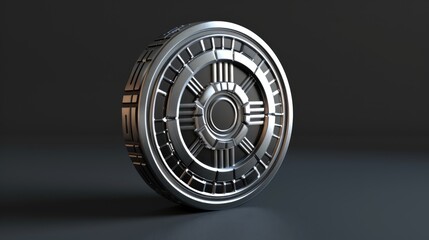 A metallic wheel with intricate designs, likely representing futuristic technology or machinery.