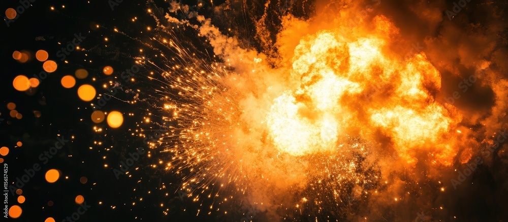Poster vibrant firework explosion lighting up the night sky with dark background space for adding custom te