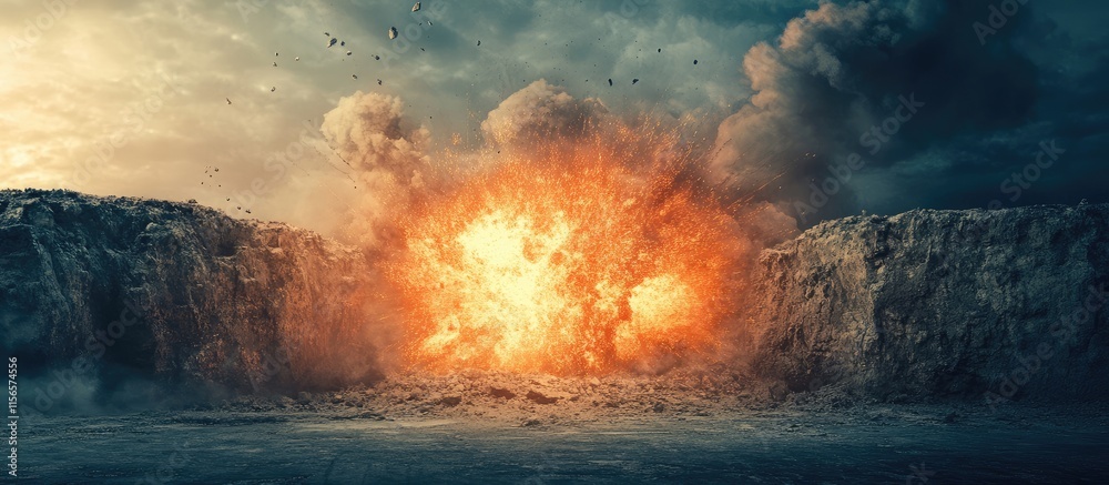 Poster dramatic explosion near a cliff creating a dynamic scene with space for text or messaging in a power