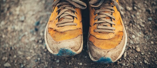 Worn and Dirty Running Sneakers After Triathlon Training Close Up with Empty Space for Text and Focus on Competition Preparedness