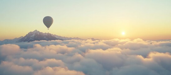 Hot air balloon floating above cloud-covered mountains at sunrise creating a serene adventurous landscape with space for text overlay