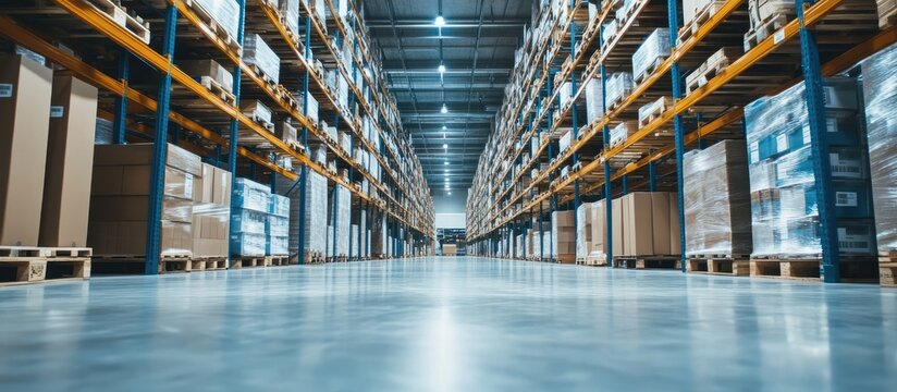 Efficient warehouse interior showcasing supply chain management with organized shelves and ample space for tracking and analysis text overlay