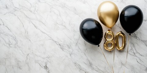 Elegant black and gold 80th birthday balloons on a marble surface with ample space for text and celebration themes