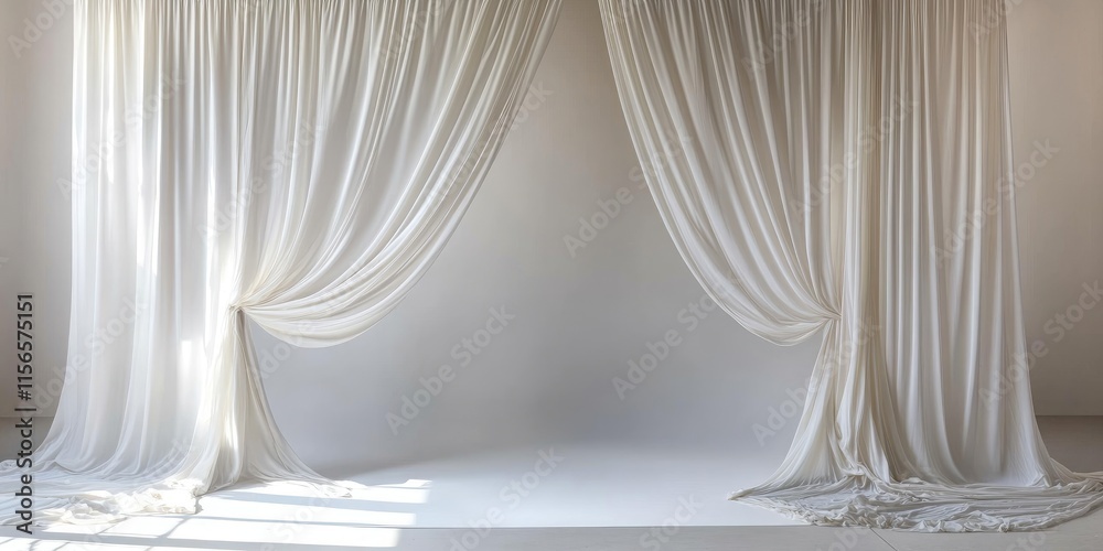 Poster elegant soft white fabric backdrop with intricate draping creating a sophisticated setting perfect f
