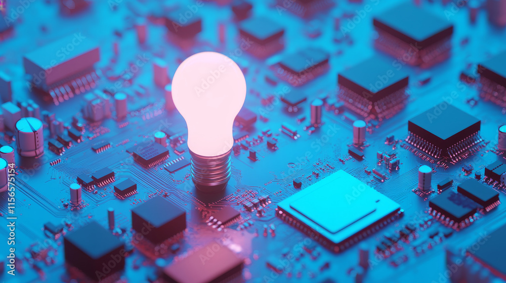 Aufkleber abstract digital ai chip and lightbulb on technology blue background. artificial intelligence innova