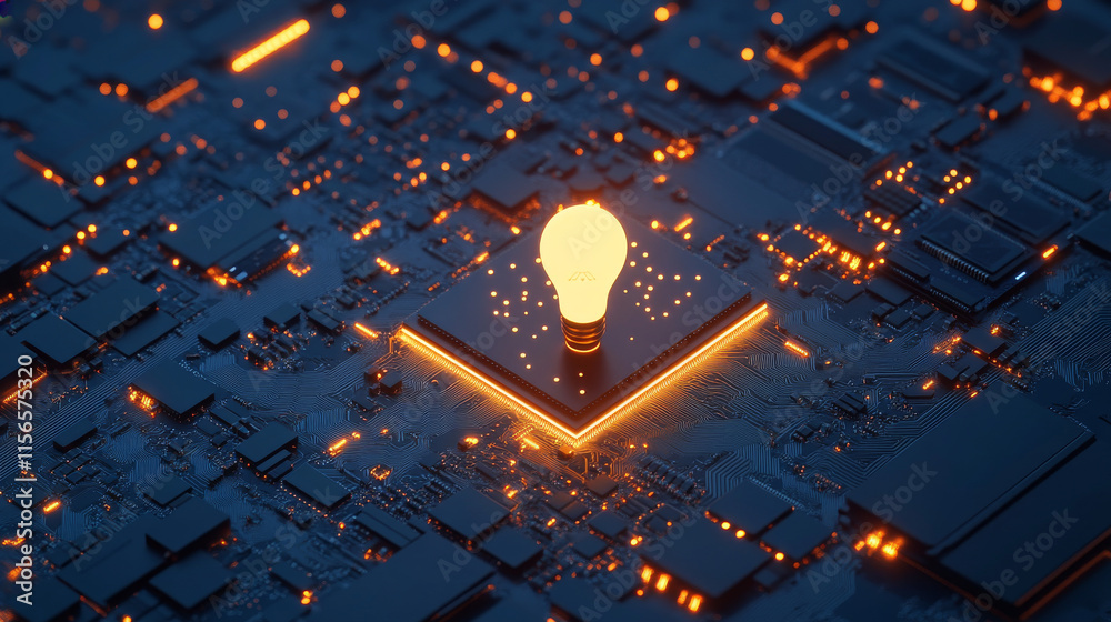 Poster abstract digital ai chip and lightbulb on technology blue background. artificial intelligence innova