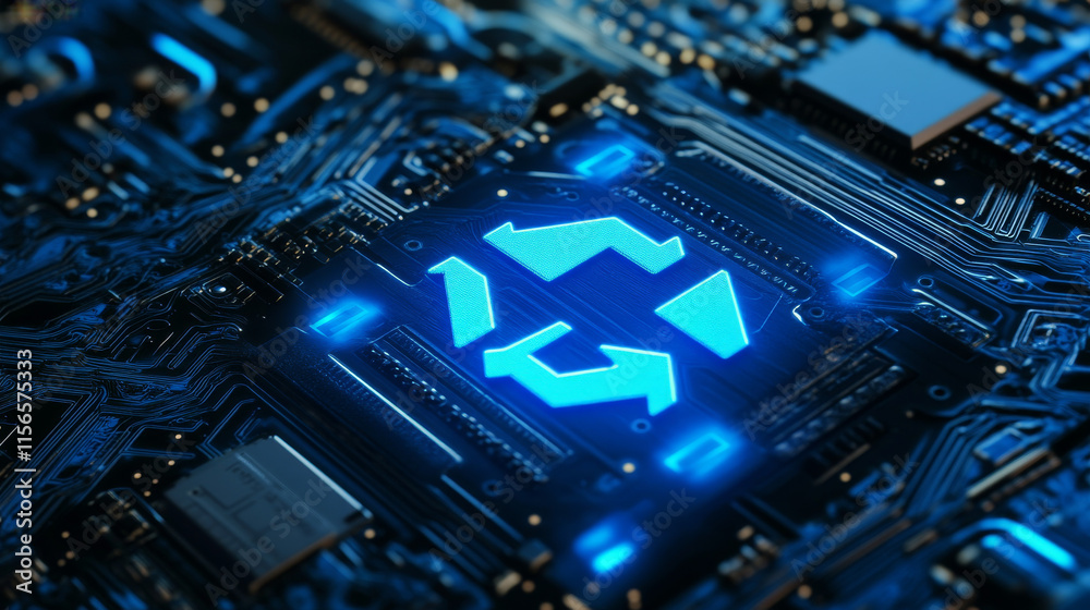 Poster ai chip and two recycle digital arrows. abstract digital ai processor in low poly wireframe with neo