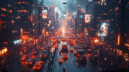 Fototapeta premium Futuristic City Street Rain Night Traffic Scene