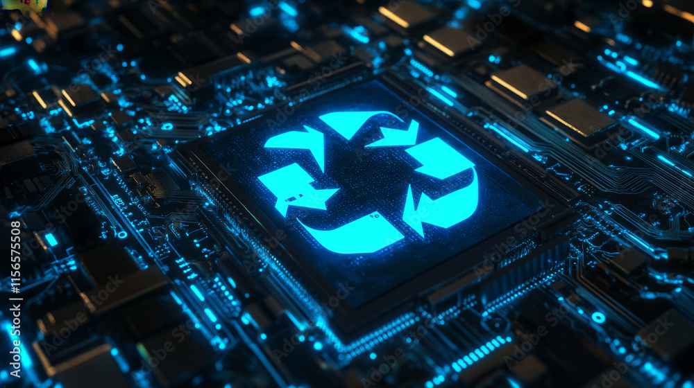 Poster ai chip and two recycle digital arrows. abstract digital ai processor in low poly wireframe with neo