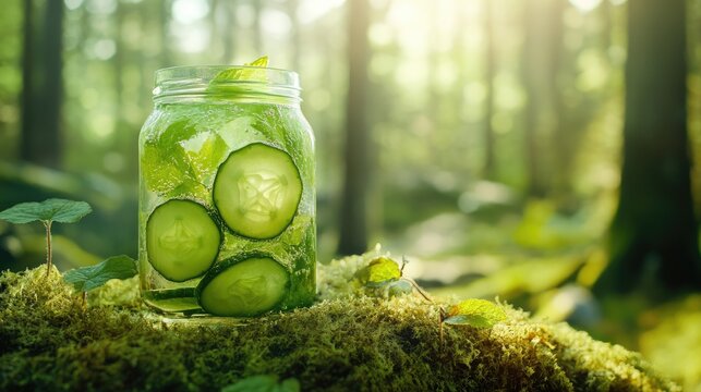 Cucumber slices in lemonade jar surrounded by lush forest greenery creating a refreshing summer vibe with copy space for text