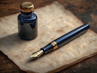 Vintage ink bottle and fountain pen on aged parchment paper