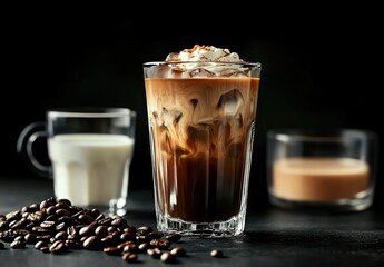 Iced coffee in a tall glass with ice cubes and a dark background