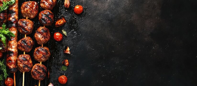 Succulent meatballs and grilled sausages on skewers served on a barbecue grill with dark background and space for menu or text placement