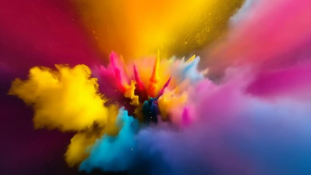 Animation of color powder explosion on black background. Slow motion movement with acceleration in the beginning