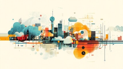 Naklejka premium Abstract cityscape illustration with colorful buildings and clouds.