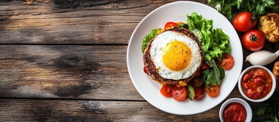 Savory burgers and shakshuka served on a plate with fresh vegetables against a rustic wooden backdrop perfect for culinary promotions