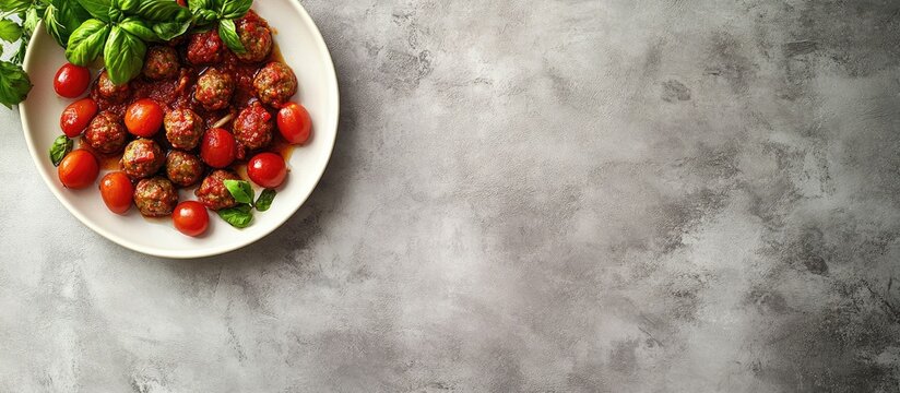 Savory capeletini pasta with meatballs and fresh grape tomatoes on a plate ideal for Italian cuisine lovers with space for text design