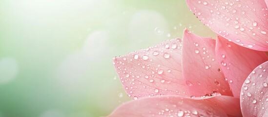 Fototapeta premium Soft Pink Flower Petals with Dew in a Lush Green Setting Ideal for Text Overlay and Nature Themes