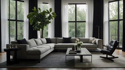 A modern living room with a large window. The window has white curtains that are open, allowing natural light to enter the room