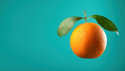 Orange with Leaves Falling in Mid-Air on Turquoise Background Zero Gravity Effect
