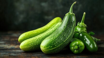 Fresh cucumbers and green peppers arranged on a rustic wooden table Healthy vegetables with empty space for text ideal for food photography