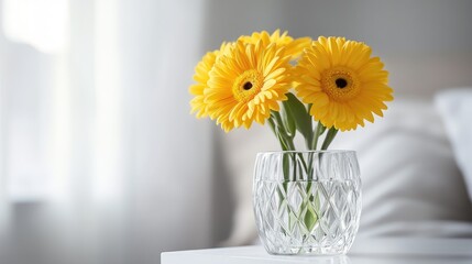 Crystal vase with vibrant yellow gerbera daisies on white nightstand in minimalist bedroom peaceful interior with empty space for text
