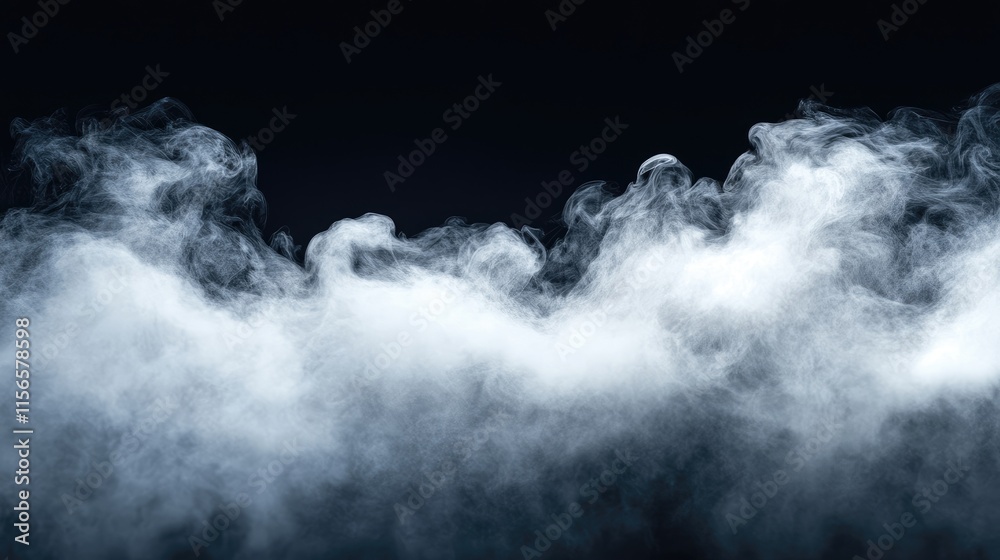 Poster soft white smoke waves on dark background with empty space for text or graphics in a mysterious atmo