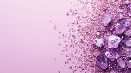 Obraz premium Crystal Eyeshadow Pigments on Soft Purple Pastel Backdrop with Ample Copy Space for Product Promotion or Creative Text Usage