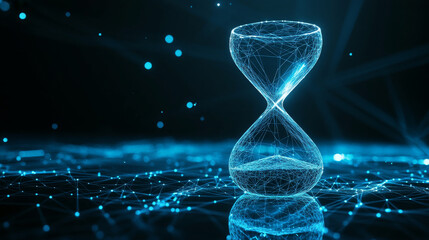 An hourglass hologram. An hourglass made of polygons, triangles of dots and lines. The hourglass is a low-poly compound structure. Technology concept vector.