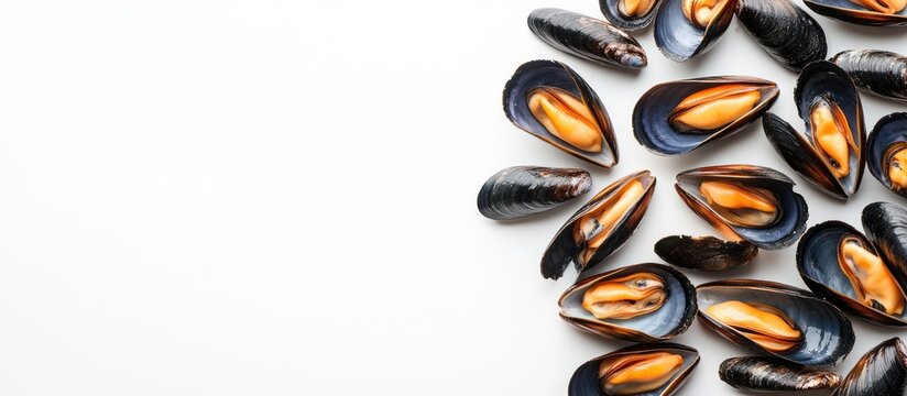 Cooked mussels arranged on a plain white background showcasing raw seafood with ample empty space for creative text design - Powered by Adobe