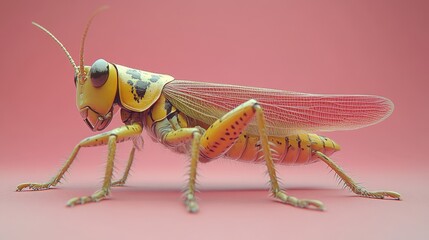 Detailed 3D render of a vibrant yellow and pink grasshopper.
