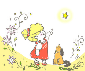 星を見上げる女の子と犬
