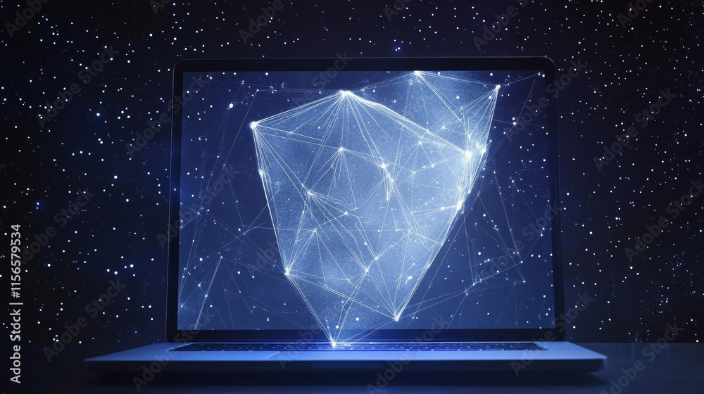 Poster knight shield on a laptop background. abstract low poly wireframe illustration. polygonal isolated p