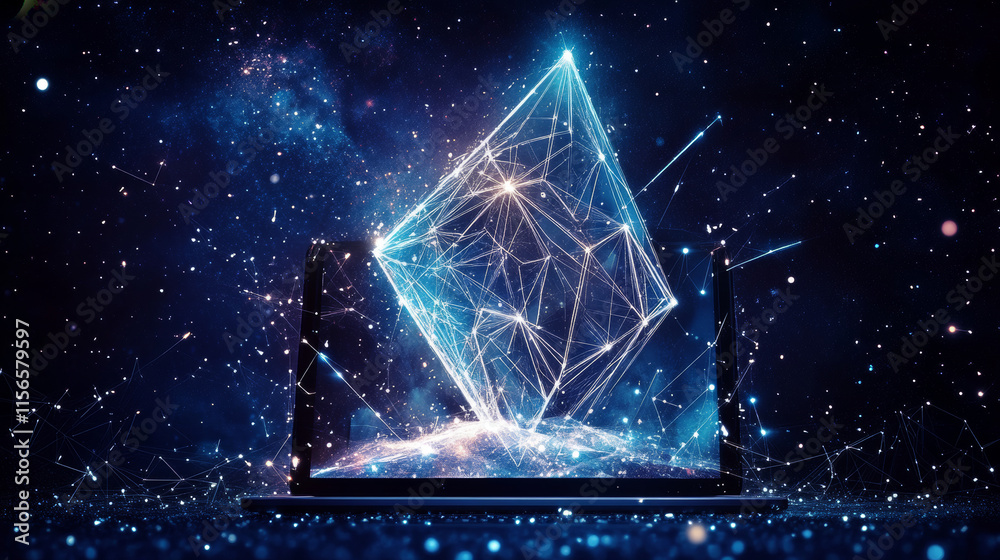 Poster knight shield on a laptop background. abstract low poly wireframe illustration. polygonal isolated p