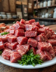 Fototapeta premium Diced Raw Beef Cubes Ready For Cooking