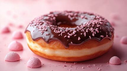Single doughnut with chocolate frosting on soft pink plate, high-quality dessert close-up