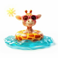 Cute funny giraffe enjoying a sunny day on an inflatable in a pool