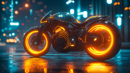 Obraz premium Futuristic Motorcycle, Glowing Wheels on City Streets at Night