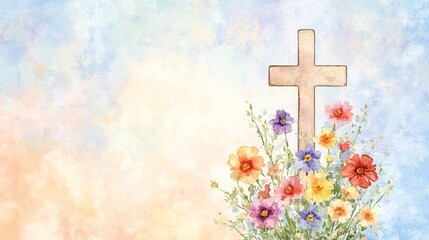 Floral Watercolor Christian Cross with Space for Text