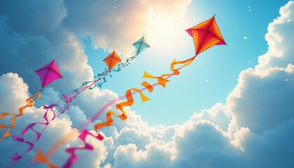 Makar Sankrant. Four colorful kites soaring in the bright sky.Joy. Tradition. Freedom.kite festival, cultural tradition, vibrant colors, festive theme, holiday promotion, outdoor event, family celeb