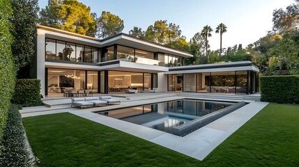 Fototapeta premium A modern luxurious villa with a large pool next to it, luxury life and properties building and architecture with tall green trees