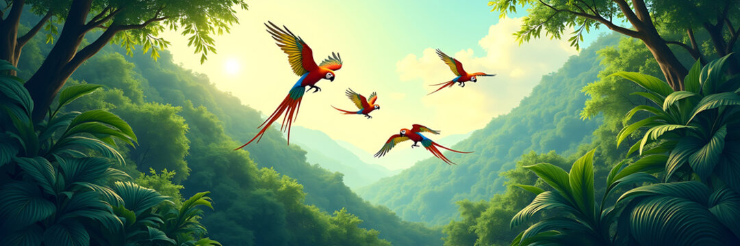 A panoramic wallpaper of a lush green rainforest with colorful parrots flying across the canopy, painted in a vibrant, tropical style with dynamic brushstrokes and rich textures.

