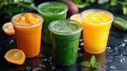 Fototapeta premium Freshly Juiced Colorful Detox Smoothies in Clear Cups with Fruits and Mint on Dark Surface Healthy Beverage for Wellness and Nutrition