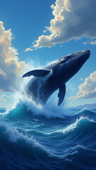Fototapeta premium A portrait mobile wallpaper of a powerful whale breaching the ocean surface, painted in a surrealism style with bright, glowing colors and abstract waves crashing around.