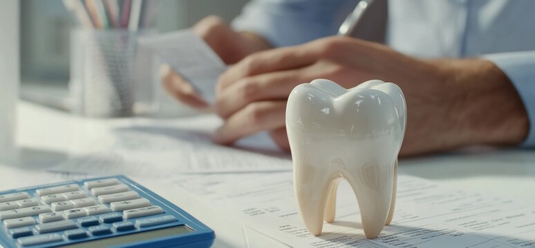 A ceramic tooth model on a desk with paperwork and a calculator.