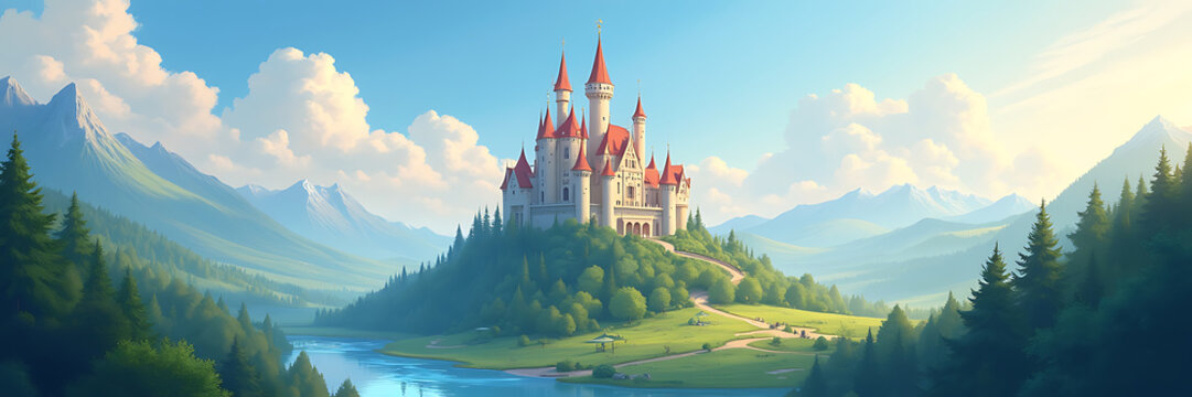 A panoramic wallpaper of an enchanting fairy tale castle on a hill, surrounded by a lush forest and a sparkling river, painted in a soft, dreamy pastel style with gentle light and whimsical details.

